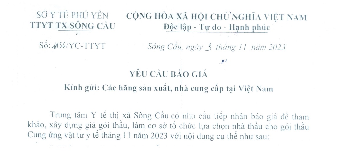 Yêu cầu báo giá Cung ứng vật tư y tế tháng 11 năm2023
